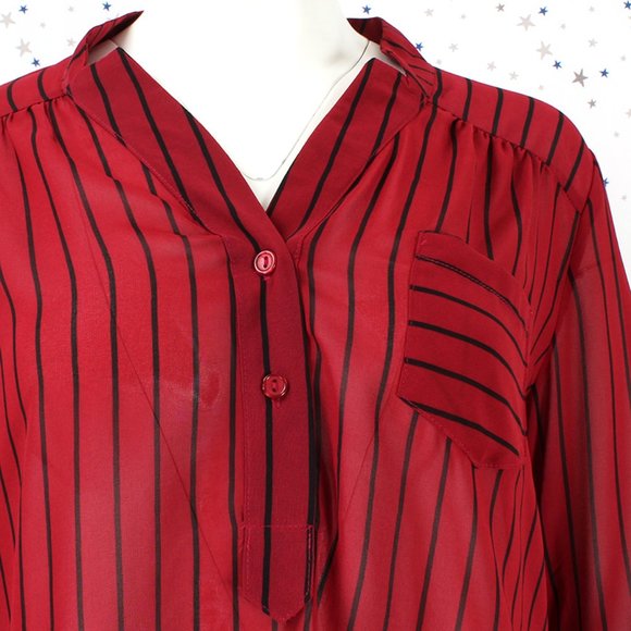 3/4 Sleeve Sheer Stripe Blouse Top Burgundy - Picture 3 of 7